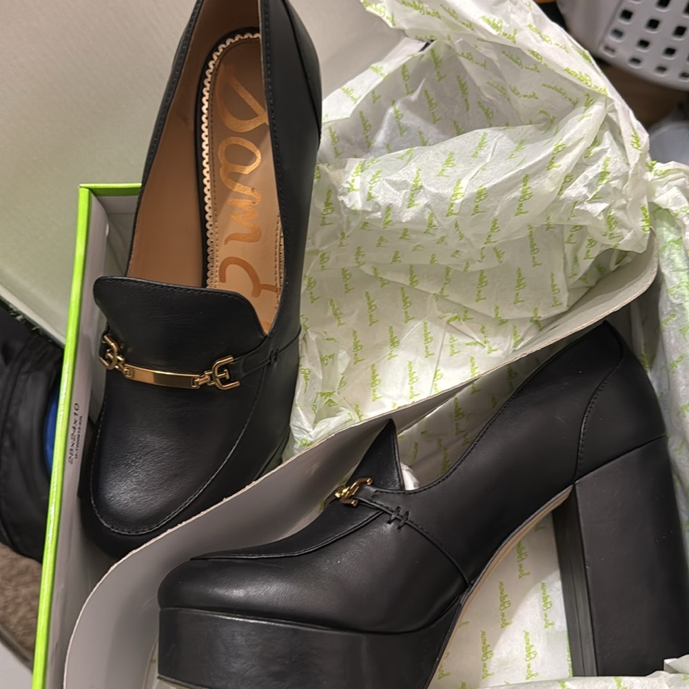 Women’s Sam Edelman platform heel loafers Aurellie leather black 8.5 - Picture 3 of 5